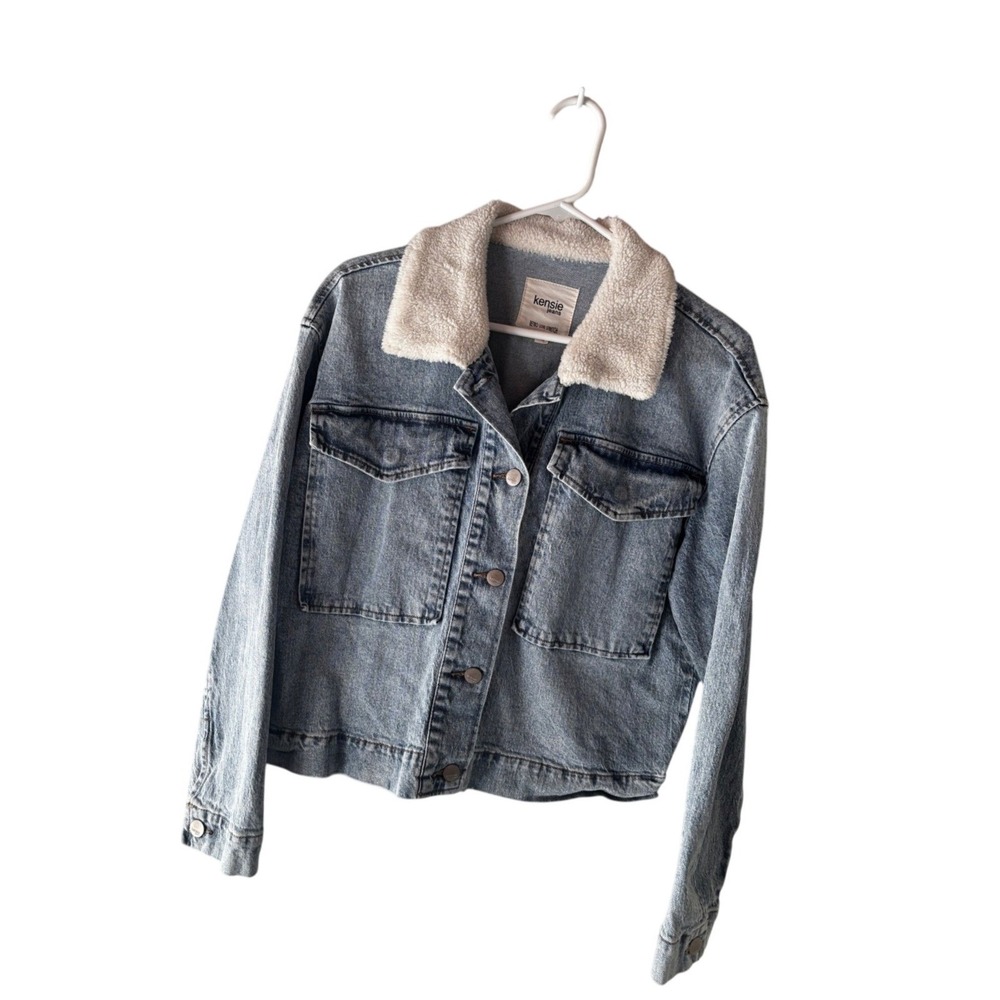 Kensie Jeans Retro‎ Luxe Stretch Sherpa Collar Denim Jacket Blue Womens Medium